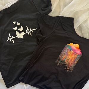 Set of 2 Black Graphic Tee - Butterfly Heartbeat & Rainbow Drip Cloud
